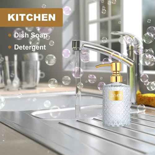 Miniatura 5 de MOCLIF Dispensador de vidrio de diamante de 12 onzas con dispensador de baño de acero inoxidable 304 dorado para cocina, jabón de manos, jabón