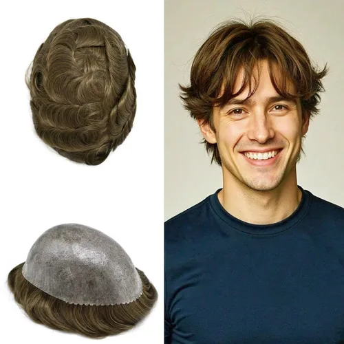Miniatura 32 de Peluca completa de poliuretano para hombre, sistemas de reemplazo de cabello humano, piel fina y duradera, para hombre, prótesis de cabello