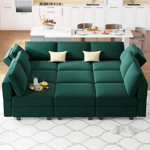 Miniatura 17 de Belffin - Sofá cama modular con otomanas, de terciopelo, reversible y con asiento con almacenamiento, color azul
