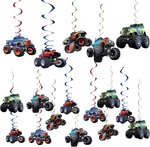 Juego de remolinos colgantes de camión monstruo, 50 unidades, camión monstruo, fiesta de cumpleaños, decoración para colgar, suministros de fiesta