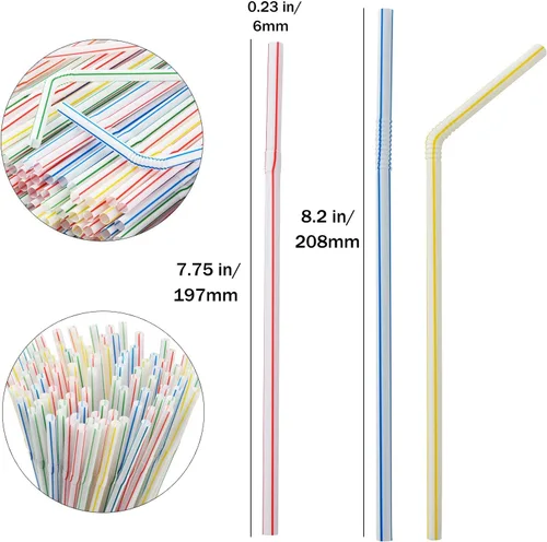 Miniatura 2 de ALINK Paquete de 100 pajitas flexibles a rayas, pajitas flexibles desechables de plástico, 7.75 x 0.23 pulgadas