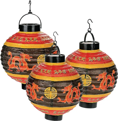 Fun Express Juego de 3 linternas chinas colgantes de papel iluminado | Dragon Print Design, Chinese New Year Party Decor
