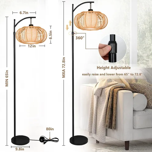 Miniatura 5 de ZECOXOL Lámparas de pie de arco para sala de estar, dormitorio, lámpara de pie bohemia de ratán con control remoto, lámpara de pie LED regulable