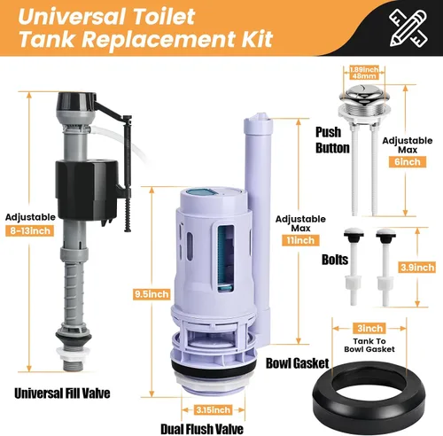 Miniatura 7 de Kit de repuesto de válvula de descarga doble de 2 pulgadas para inodoros de 2 piezas, kit de reparación universal de inodoro con botón pulsador