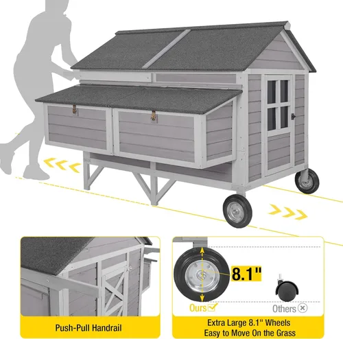 Miniatura 2 de Aivituvin Gallinero móvil de madera para gallinero con caja de anidación, jaula grande para aves de corral mejorada con marco de hierro fuerte