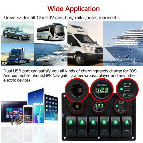 Miniatura 7 de Panel FXC impermeable, con ranura de doble puerto USB, fusibles de 4.2 A, visualización digital de voltaje, toma de encendedor y 4, 6 u 8 tipos