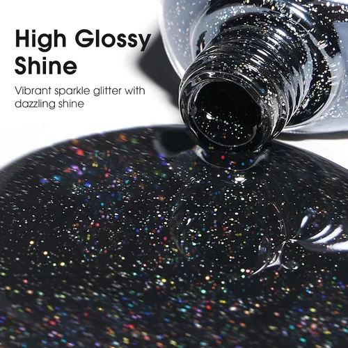 Miniatura 6 de COSMOO Esmalte de uñas de glitter negro de secado rápido, 12 ml, resistente a las astillas, vegano, de secado rápido, con vetas, de larga duración