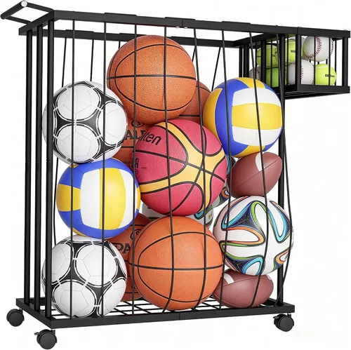 Carrito de almacenamiento de pelotas multideportivo con cesta lateral para guantes y tenis; correas elásticas de acceso a la gravedad para niños;