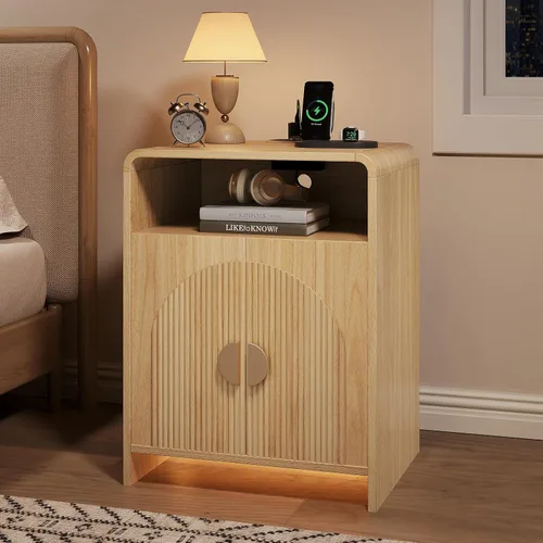 Miniatura 8 de Mesita de noche con estación de carga y luces LED, mesitas de noche con armario de almacenamiento ajustable, mesa auxiliar moderna con puertas
