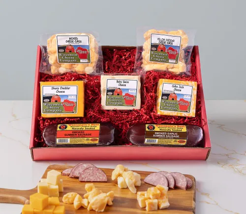 Wisconsin Cheese Company - Caja de regalo enorme de queso y embutidos de Wisconsin | Bloque de queso, cuajada y salchicha de regalo | Perfecto para
