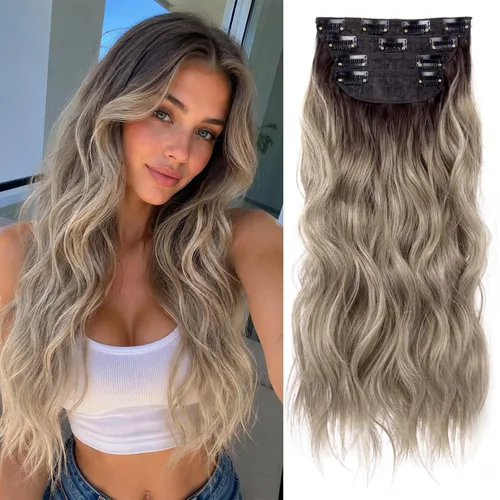 Miniatura 19 de Extensiones de cabello sintético con pinzas, largas y lacias, gruesas, extensiones de cabello natural de fibra de color rubio 613 de doble trama, 20