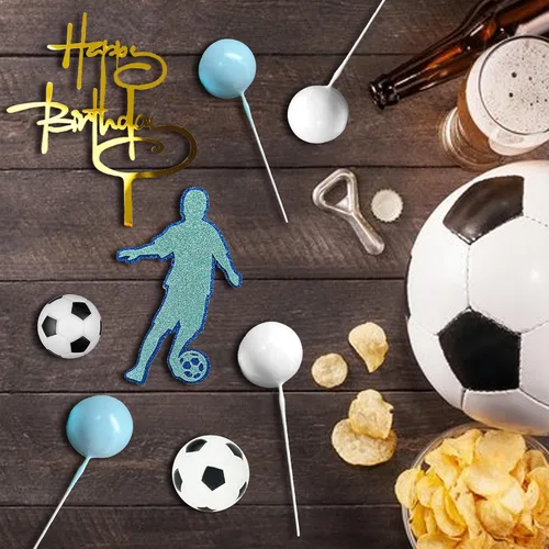 Miniatura 3 de 28 piezas de decoración de pastel de fútbol para niños, decoración de cupcakes deportivos con bolas azules y blancas y mini pelotas de fútbol