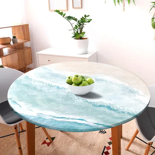 Miniatura 2 de Mantel redondo costero de playa redondo ajustable con funda elástica para mesa de exteriores, manteles ajustables para mesas, manteles impermeables