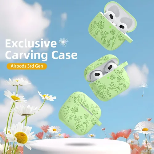 Miniatura 3 de Lerobo Funda con grabado de flores para estuche de AirPods de 3ª generación, funda de estuche con llavero, cubierta de silicona compatible con Apple