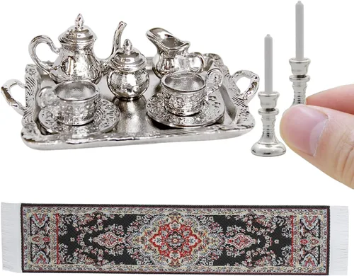 Miniatura 8 de iLAND - Juego de 16 piezas de té miniatura de porcelana en miniatura con camino de mesa, accesorios de elfo, bonita decoración de casa de muñecas