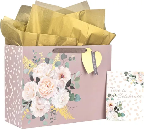 MAYPLUSS Bolsa de regalo extra grande de 16 pulgadas con tarjeta de felicitación y papel de seda para boda, cumpleaños, diseño floral dorado