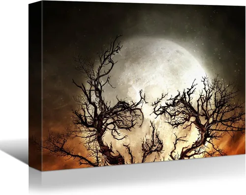 YONICA Lienzo decorativo de Halloween para pared de sala de estar, decoración del hogar, árbol de Halloween y luna llena sobre lienzo, obra de arte