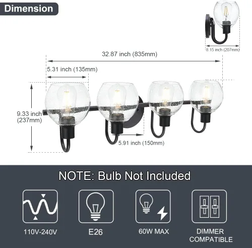 Miniatura 4 de 4 luces contemporáneas para iluminación de baño sobre espejo con pantallas de vidrio esmerilado en forma de semilla, iluminación de pared rústica
