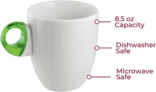 Miniatura 4 de Guzzini Taza diaria con asa, juego de 4 (verde ácido), porcelana y plástico, apta para microondas y lavavajillas, sin BPA, novedosa taza de café