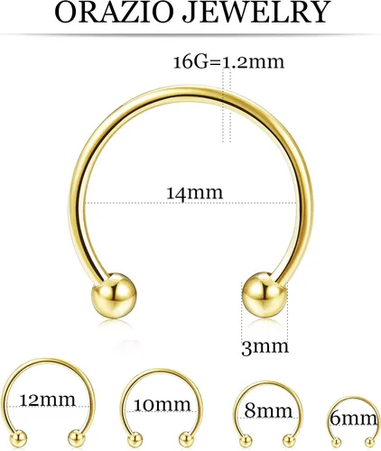 Miniatura 3 de ORAZIO 30 anillos de herradura de acero inoxidable para tabique nasal, calibre 16G, para cartílago, tragus, hélice, ceja, labio, labio, pezón