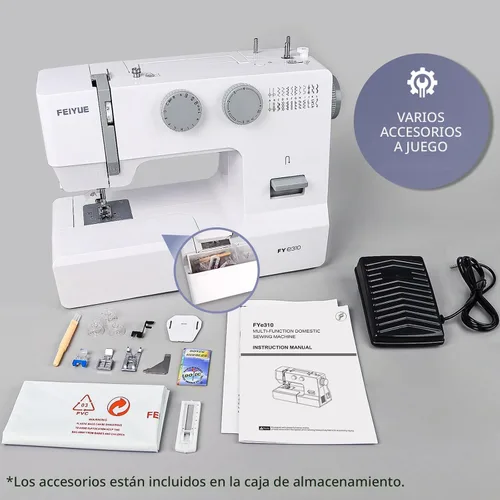 Miniatura 4 de FEIYUE Máquina de coser FYe310 con pedal de pie, tamaño completo, resistente y portátil, 6 bobinas y 5 pies de costura incluidos