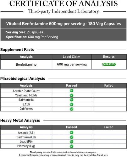 Miniatura 3 de Vitabod Benfotiamina 600mg - 180 cápsulas vegetarianas - Suplemento de vitamina B1 soluble en grasa