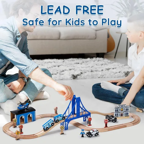 Miniatura 5 de SainSmart Jr. Juego de tren de madera – Juego interactivo de policía para niños Juguete de construcción con tren, figuras y accesorios