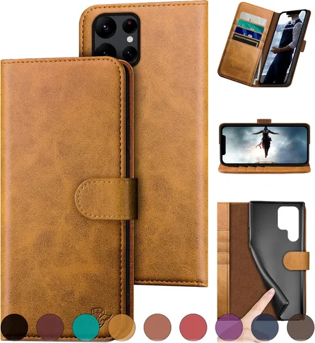 Miniatura 14 de DuckSky Funda tipo cartera de cuero genuino para Samsung Galaxy S22 Ultra 【Bloqueo RFID】【4 tarjeteros de crédito】【Cuero auténtico】 Funda protectora