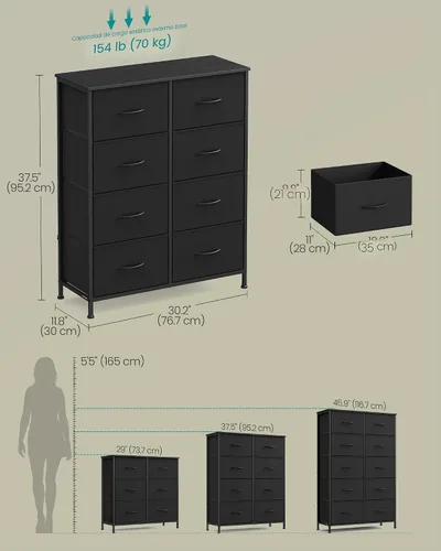 Miniatura 2 de Songmics Cómoda para dormitorio, cómoda de cajones, acero, MDF, 8 cajones de tela no tejida, unidad organizadora de almacenamiento, armario, Tinta