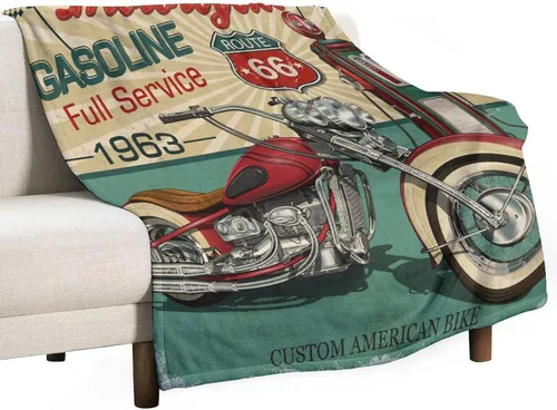 Miniatura 37 de Manta de motocicleta antigua, rústica y clásica, con temática de auto clásico, ruta de EE. UU., 66, patrón impreso, manta de franela súper suave