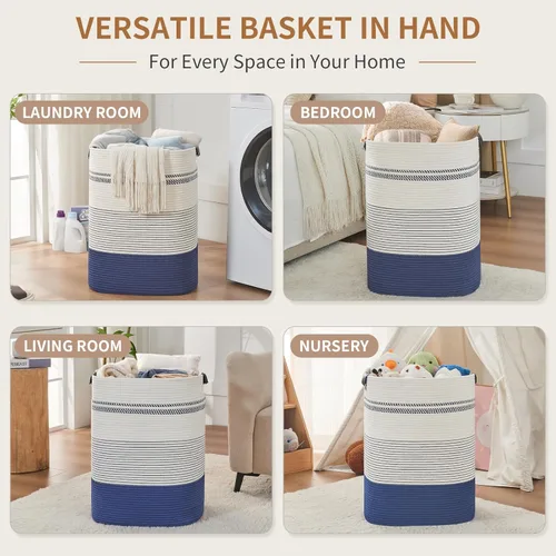 Miniatura 3 de AINUOQI Cesta de lavandería grande – Cesta alta de cuerda tejida con asas de cuero – Cesta de ropa sucia para sala de estar, dormitorio, 17.8 x 13.8