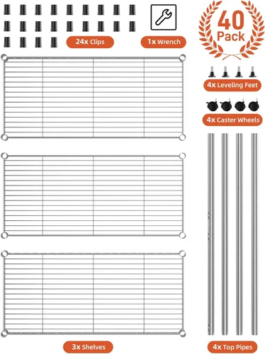 Miniatura 8 de Simple Deluxe - Estantería resistente de 3 estantes con ruedas, estantería ajustable de alambre de acero, organizador de estantes metálicos cromados