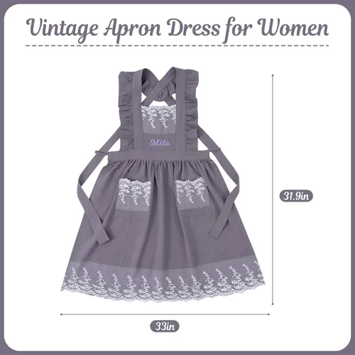 Miniatura 2 de Delantal vintage para mujer con bolsillos, delantales de chef personalizados con nombre para cocina, cocción, hornear, jardinería Gris (Gray Lace)