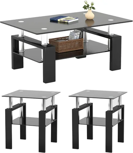 Meihua Juego de 3 mesas auxiliares de cristal y mesa auxiliar, moderno juego de mesa de sala de estar con marco de vidrio templado y metal, mesas