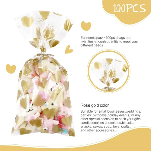 Miniatura 3 de COQOFA 100 piezas de bolsas de celofán transparentes para regalos con forma de corazón dorado de 17,78 x 30,48 cm, bolsas de fiesta, para caramelos