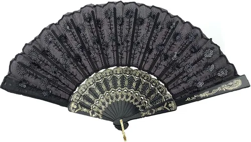 Miniatura 8 de InnoLife Elegante abanico de mano plegable con flores bordadas y patrón de pavo real con lentejuelas en tela artesanal (5 piezas, rojo)