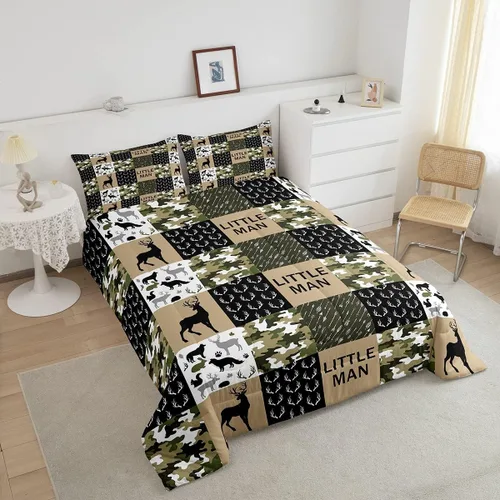 Miniatura 183 de Juego de edredón de cuernos de ciervo tamaño individual, juego de ropa de cama rústica de granja con huellas de oso y pinos para decoración
