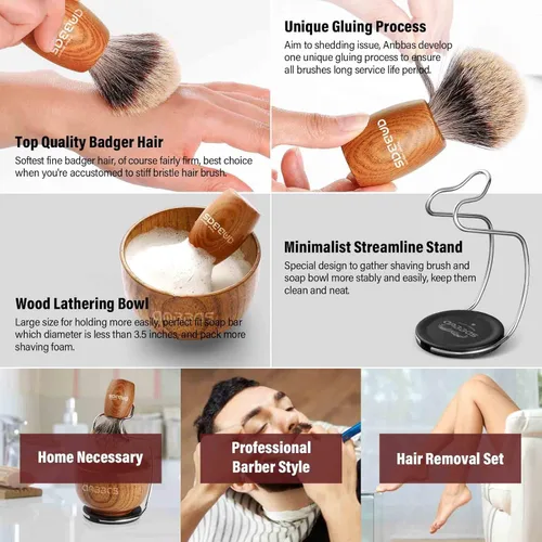 Miniatura 3 de Anbbas Cepillo de afeitar de pelo de tejón puro, mango de madera y jabonera grande con soporte de afeitado de acero inoxidable, kit 3 en 1