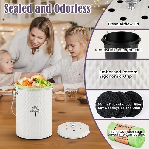 Miniatura 3 de AOSION Contenedor de compostaje para encimera de cocina, contenedor de compostaje interior inodoro con tapa y 50 bolsas de compost, contenedor