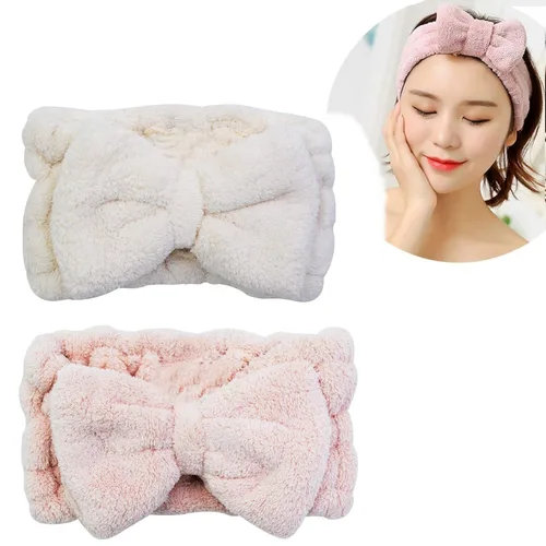 Chloven Paquete de 2 diademas de microfibra con pajarita de maquillaje facial, diadema cosmética, lazo para el cabello, spa, yoga, deportes, ducha,