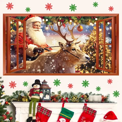 Miniatura 10 de Calcomanías de Pared de Navidad, Pegatinas de Papá Noel para Decoraciones de Pared de Navidad Interior, Calcomanías de Ventana Falsa de Navidad
