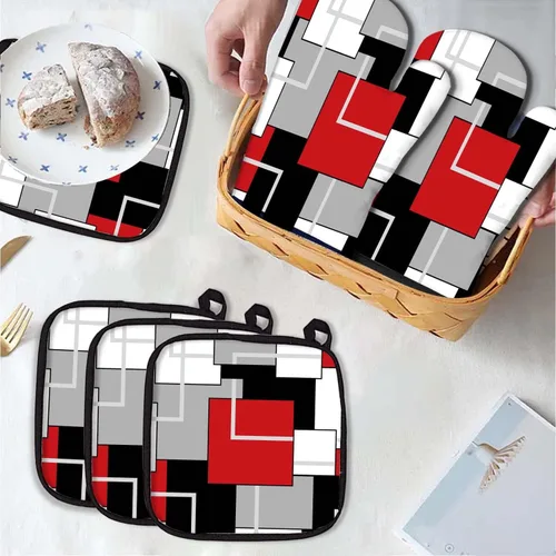 Miniatura 3 de MCALK Juego de 5 guantes de horno rojos y soportes para ollas, guantes de horno negros geométricos y almohadillas calientes para cocinar