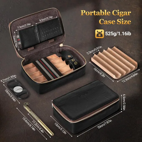 Miniatura 6 de Humidor de puros, humidor de puros de viaje de cuero, estuche portátil para puros con potenciador de tiro de puros y cortador de puros multifunción