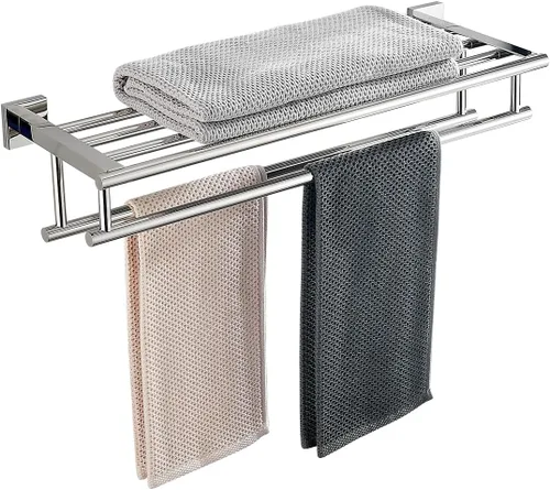 Miniatura 8 de Toallero con estante de 20 pulgadas, toalleros dobles para baño, soporte de toallas de baño negro mate, toallero de acero inoxidable SUS304