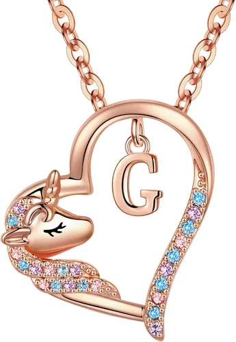 Miniatura 34 de Anoup Collar con inicial de unicornio, chapado en oro de 14 quilates, hipoalergénico con circonita cúbica, colgante de diamante simulado, joyería