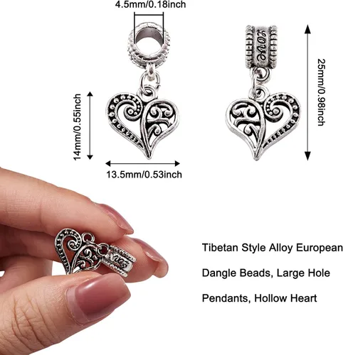 Miniatura 2 de MegaPet 10 piezas estilo tibetano de aleación de plata envejecida, cuentas colgantes europeas, corazón hueco para mascotas collar collar accesorios