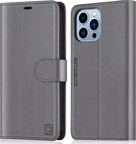 Miniatura 14 de Funda tipo cartera para iPhone 13 Pro Max de 6.7 pulgadas, con bloqueo RFID, tarjeteros, función atril, cierre magnético, de piel sintética, Coñac