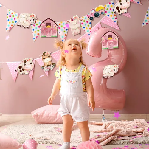Miniatura 6 de Hotop 42 piezas de recortes florales de animales de granja, decoración de fiesta temática de granja rosa con 60 puntos de pegamento para niñas