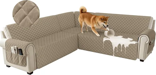 Miniatura 9 de Fundas impermeables para sofá seccional de esquina en forma de L, de terciopelo, juego de 6 piezas, funda en forma de U para sofá, para perros
