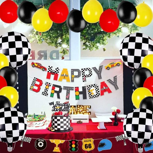 Miniatura 6 de Hot Wheels - Suministros para fiesta de cumpleaños de coche de carreras, bandera, decoración de pastel, bandera a cuadros, temática de carreras